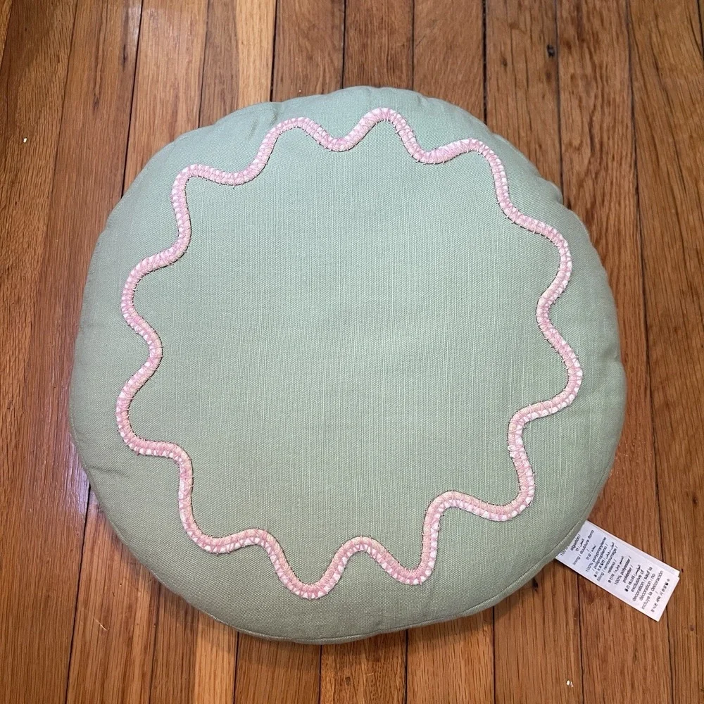 Rhode + West Elm Squiggle Boho Round Pillow Green Pink Cotton Shell